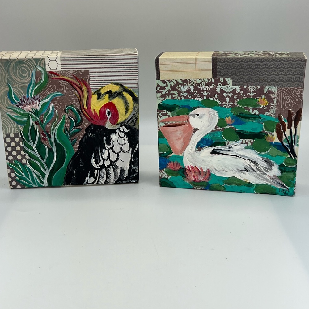 Studio Art Bird Decoupage Paintings Set Of 2 Signed Dated 6x6” Tropical Beach
